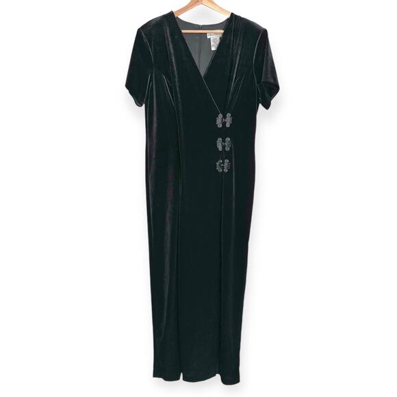 Vintage Ultra Dress Black Velour Stretchy V Neck Maxi Dress Women's Size 16 - Picture 1 of 12